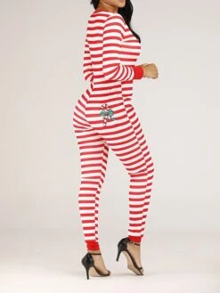 Women's Jumpsuit Button Print Striped V Neck Streetwear Christmas Street Xmas Regular Fit Long Sleeve Pink Red Blue S M L Fall -Cheap Women Clothing Store ogsemk1695792378795