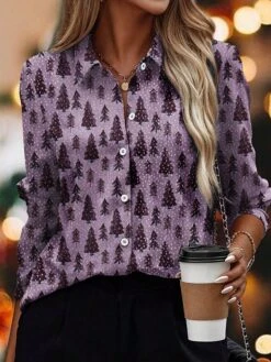 Women's Blouse Christmas Shirt Blue Purple Green Christmas Tree Button Print Long Sleeve Christmas Casual Festival / Holiday Shirt Collar Regular Fit Spring &Fall -Cheap Women Clothing Store oixvpe1697016003610