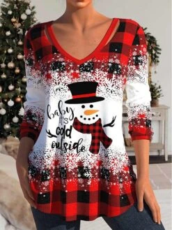 Women's T Shirt Tee Christmas Shirt Red Plaid Snowman Snowflake Print Long Sleeve Party Christmas Weekend Festival / Holiday Christmas V Neck Regular Fit Painting Spring &Fall