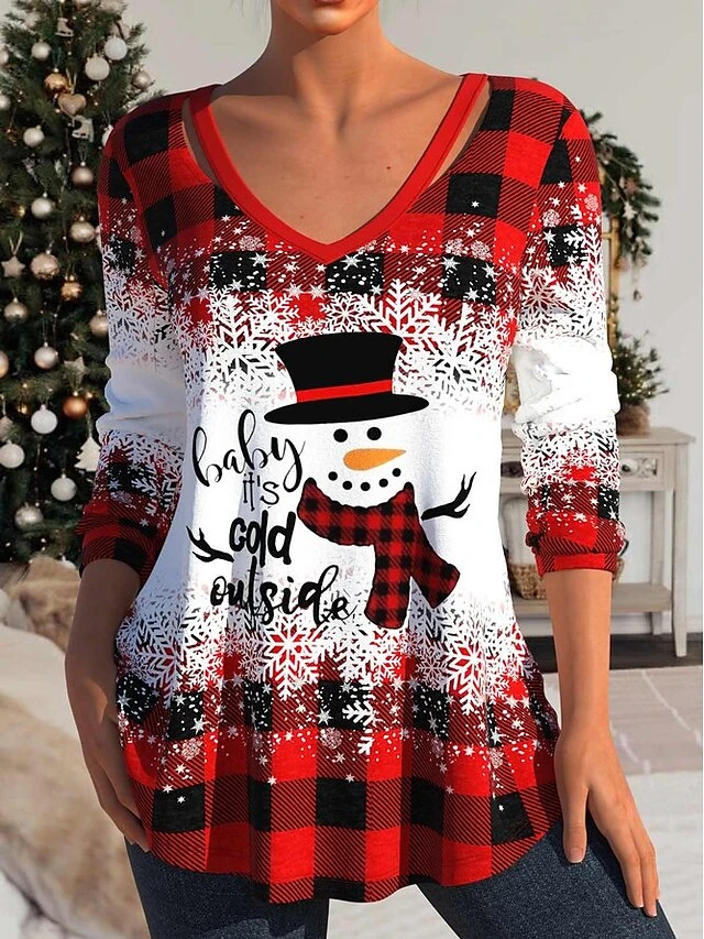 Women's T Shirt Tee Christmas Shirt Red Plaid Snowman Snowflake Print Long Sleeve Party Christmas Weekend Festival / Holiday Christmas V Neck Regular Fit Painting Spring &Fall 3 Women's T Shirt Tee Christmas Shirt Red Plaid Snowman Snowflake Print Long Sleeve Party Christmas Weekend Festival / Holiday Christmas V Neck Regular Fit Painting Spring &Fall