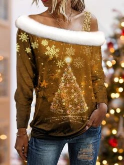 Women's Blouse Christmas Shirt Yellow Red Blue Christmas Tree Snowflake Print Long Sleeve Christmas Casual Festival / Holiday Fur Collar Regular Fit Spring &Fall -Cheap Women Clothing Store okoplv1696752546577