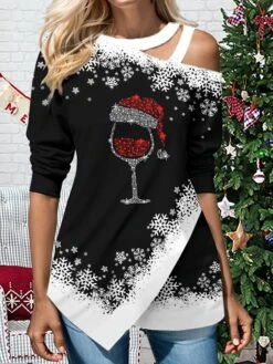 Women's Shirt Blouse Christmas Shirt Black Graphic Snowflake Cut Out Asymmetric Print Long Sleeve Party Christmas Casual Festival / Holiday Round Neck Regular Fit Spring &Fall