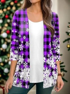 Women's Shirt Shrugs Christmas Shirt Pink Red Blue Plaid Snowflake Print 3/4 Length Sleeve Party Christmas Casual Festival / Holiday V Neck Regular Fit Spring &Fall -Cheap Women Clothing Store onhuxr1694680462016
