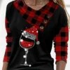 Women's Shirt Blouse Christmas Shirt Black Graphic Plaid Button Print Long Sleeve Christmas Weekend Basic V Neck Regular Fit -Cheap Women Clothing Store onpzcl1666093676956