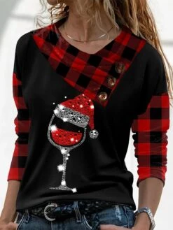 Women's Shirt Blouse Christmas Shirt Black Graphic Plaid Button Print Long Sleeve Christmas Weekend Basic V Neck Regular Fit
