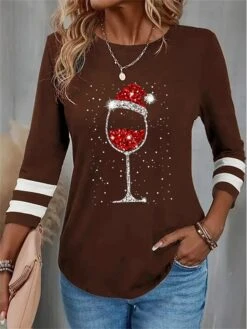 Women's T Shirt Tee Christmas Shirt Black Red Blue Wine Glass Rhinestone Print Long Sleeve Christmas Weekend Festival / Holiday Round Neck Regular Fit Painting Spring &Fall -Cheap Women Clothing Store ooiveq1696843889593