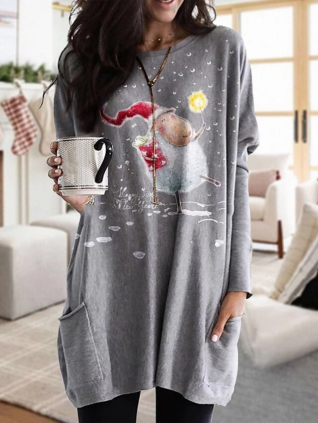 Women's T Shirt Tee Christmas Shirt White Light Grey Gray Cat Santa's Helper Pocket Print Long Sleeve Christmas Weekend Basic Christmas Round Neck Regular Fit Painting 4 Women's T Shirt Tee Christmas Shirt White Light Grey Gray Cat Santa's Helper Pocket Print Long Sleeve Christmas Weekend Basic Christmas Round Neck Regular Fit Painting - Image 2