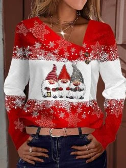 Women's Shirt Blouse Christmas Shirt Pink Red Blue Graphic Snowflake Button Print Long Sleeve Party Christmas Casual Festival / Holiday Print V Neck Regular Fit Spring &Fall