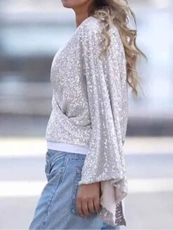 Women's Shirt Blouse White Sparkly Sequins Long Sleeve Party Christmas Fashion V Neck Regular Fit Bell Sleeve Spring &Fall -Cheap Women Clothing Store oqhjmz1697191542072