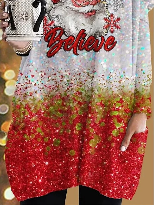 Women's T Shirt Tee Christmas Shirt Light Green Wine Red Santa Claus Snowflake Pocket Print Long Sleeve Party Christmas Casual Funny Christmas Round Neck Regular Fit Painting Spring &Fall 6 Women's T Shirt Tee Christmas Shirt Light Green Wine Red Santa Claus Snowflake Pocket Print Long Sleeve Party Christmas Casual Funny Christmas Round Neck Regular Fit Painting Spring &Fall - Image 4