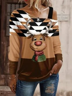 Women's T Shirt Tee Christmas Shirt Pink Blue Purple Geometric Reindeer Print Long Sleeve Christmas Weekend Festival / Holiday Funny Christmas Diagonal Neck Regular Fit Painting Spring &Fall