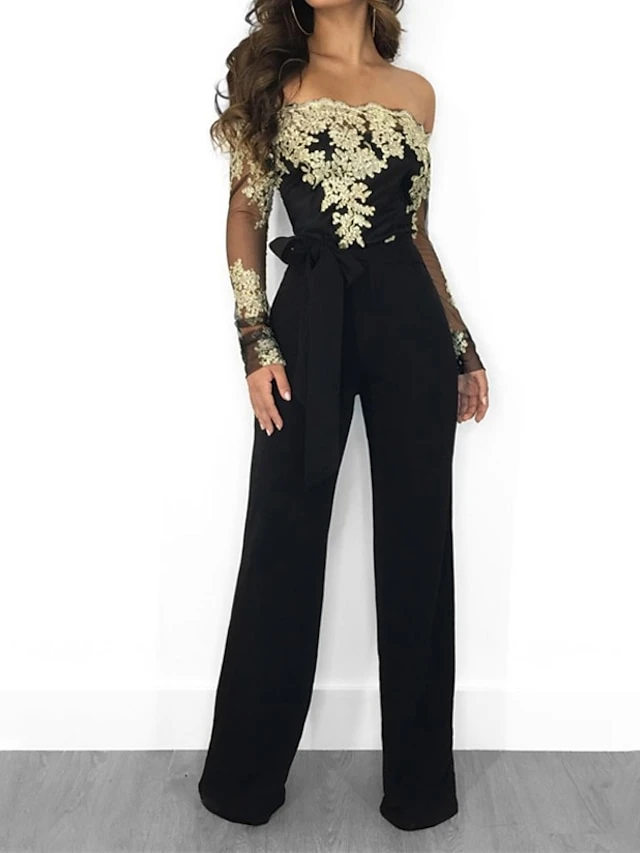 Women's Jumpsuit Lace Embroidered Floral Off Shoulder Elegant Xmas Wedding Party Christmas Regular Fit Long Sleeve Black Wine Blue S M L Fall 6 Women's Jumpsuit Lace Embroidered Floral Off Shoulder Elegant Xmas Wedding Party Christmas Regular Fit Long Sleeve Black Wine Blue S M L Fall - Image 4
