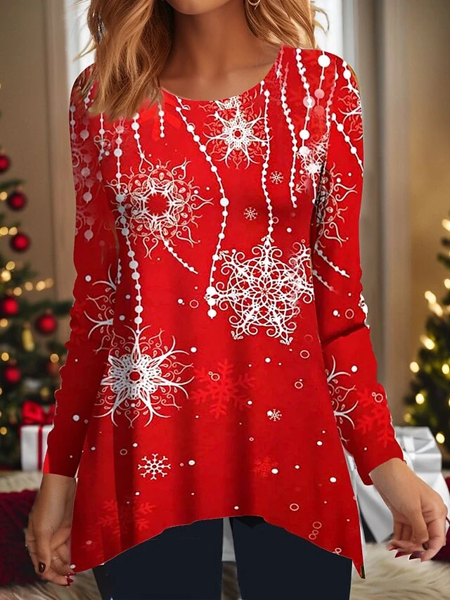 Women's T Shirt Tee Christmas Shirt Red Green Snowflake Flowing Tunic Print Long Sleeve Christmas Weekend Festival / Holiday Print Christmas Round Neck Regular Fit Painting Spring &Fall 3 Women's T Shirt Tee Christmas Shirt Red Green Snowflake Flowing Tunic Print Long Sleeve Christmas Weekend Festival / Holiday Print Christmas Round Neck Regular Fit Painting Spring &Fall