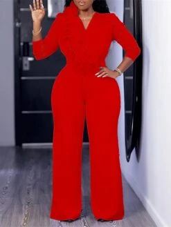 Women's Jumpsuit Ruffle High Waist Solid Color V Neck Christmas Business Office Work Xmas Regular Fit Long Sleeve White Yellow Red S M L Fall