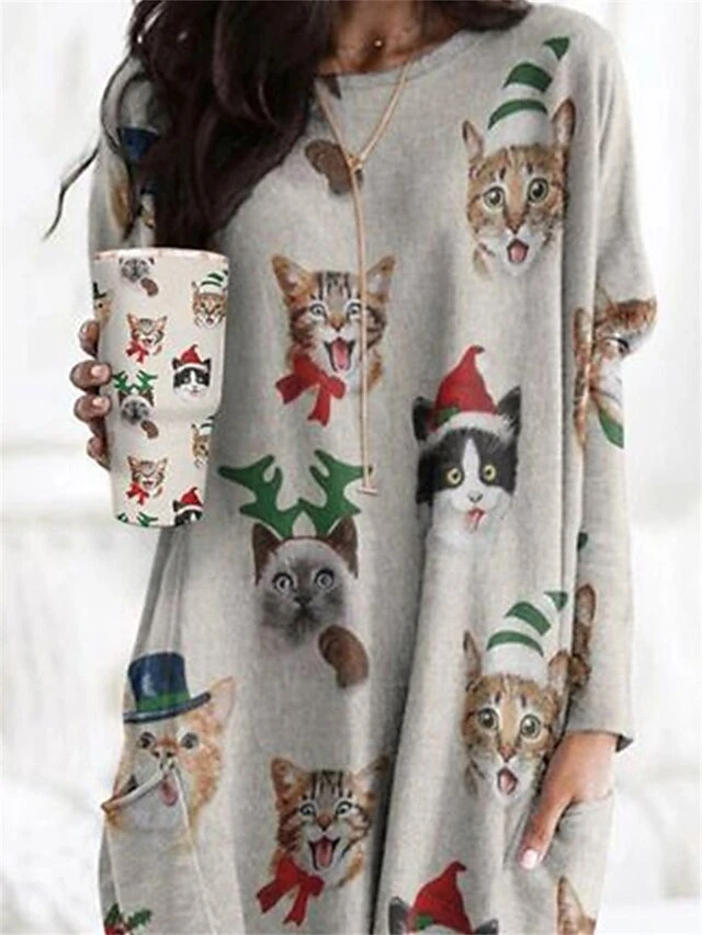 Women's Shirt Christmas Shirt Red Blue Green Cat Santa Claus Snowflake Pocket Print Long Sleeve Christmas Weekend Streetwear Christmas Round Neck Regular Fit Spring Fall 13 Women's Shirt Christmas Shirt Red Blue Green Cat Santa Claus Snowflake Pocket Print Long Sleeve Christmas Weekend Streetwear Christmas Round Neck Regular Fit Spring Fall - Image 11