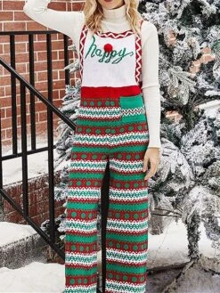 Women's Overall Pocket Print Geometric Square Neck Holiday Christmas Daily Xmas Regular Fit Sleeveless Red Green S M L Fall -Cheap Women Clothing Store ovmkjl1695347196452