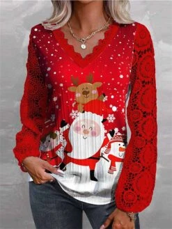 Women's Shirt Blouse Christmas Shirt White Wine Red Snowman Snowflake Deer Lace Print Long Sleeve Christmas Casual Festival / Holiday V Neck Regular Fit Spring &Fall -Cheap Women Clothing Store owjcvt1695639270826