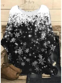Women‘s Plus Size Christmas Tops Blouse Shirt Snowflake Print Long Sleeve Casual Daily Polyester Winter Fall Black Blue -Cheap Women Clothing Store owpqan1667288674761