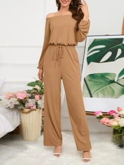 Women's Jumpsuit Pocket Drawstring Solid Color Off Shoulder Christmas Business Office Work Xmas Regular Fit Long Sleeve Black Red Blue S M L Fall -Cheap Women Clothing Store oxfdhn1694415730687