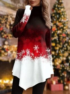 Women's T Shirt Tee Christmas Shirt Red Blue Purple Snowflake Asymmetrical Print Long Sleeve Party Christmas Weekend Festival / Holiday High Neck Regular Fit Painting Spring &Fall