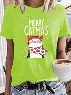 Women's T Shirt Tee Christmas Shirt 100% Cotton Black Light Green Wine Graphic Cat Letter Print Short Sleeve Christmas Daily Holiday Basic Christmas Round Neck Regular Fit Cat -Cheap Women Clothing Store oyedxe1666754529465
