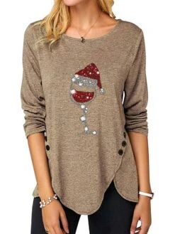 Women's T Shirt Tee Christmas Shirt Sky-blue Black Pink Graphic Print Long Sleeve Christmas Weekend Basic Christmas Round Neck Regular Fit Painting -Cheap Women Clothing Store ozehop1665739180364