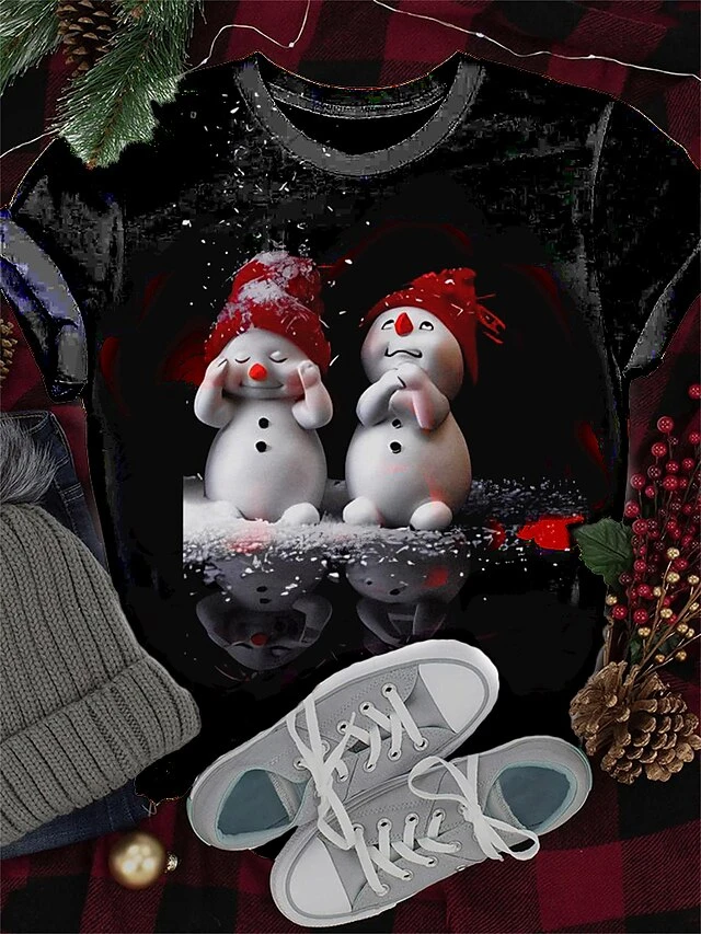 Women's T Shirt Tee Christmas Shirt Black White Yellow Snowman Santa's Helper Print Short Sleeve Christmas Weekend Festival / Holiday Christmas Round Neck Regular Fit Painting Summer 8 Women's T Shirt Tee Christmas Shirt Black White Yellow Snowman Santa's Helper Print Short Sleeve Christmas Weekend Festival / Holiday Christmas Round Neck Regular Fit Painting Summer - Image 6