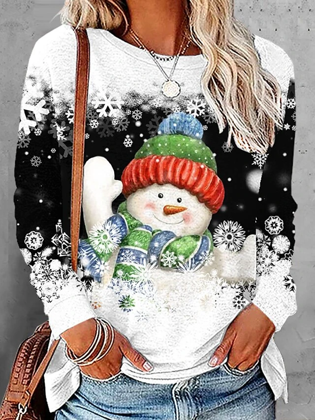 Women's T Shirt Tee Christmas Shirt Black Pink Red Snowman Snowflake Print Long Sleeve Christmas Weekend Basic Christmas Round Neck Regular Fit Painting Fall & Winter 4 Women's T Shirt Tee Christmas Shirt Black Pink Red Snowman Snowflake Print Long Sleeve Christmas Weekend Basic Christmas Round Neck Regular Fit Painting Fall & Winter - Image 2