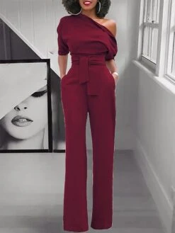 Women's Jumpsuit For Special Occasions Christmas Pocket High Waist Solid Color Cold Shoulder Business Office Work Party Xmas Regular Fit Half Sleeve Black White Yellow S M L Summer