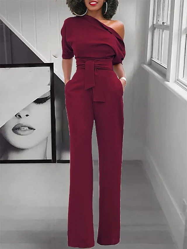 Women's Jumpsuit For Special Occasions Christmas Pocket High Waist Solid Color Cold Shoulder Business Office Work Party Xmas Regular Fit Half Sleeve Black White Yellow S M L Summer 3 Women's Jumpsuit For Special Occasions Christmas Pocket High Waist Solid Color Cold Shoulder Business Office Work Party Xmas Regular Fit Half Sleeve Black White Yellow S M L Summer