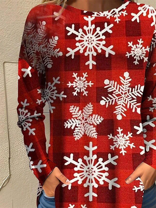 Women's T Shirt Tee Christmas Shirt Red Snowflake Print Long Sleeve Party Christmas Weekend Festival / Holiday Christmas Round Neck Regular Fit Painting Spring &Fall 4 Women's T Shirt Tee Christmas Shirt Red Snowflake Print Long Sleeve Party Christmas Weekend Festival / Holiday Christmas Round Neck Regular Fit Painting Spring &Fall - Image 2