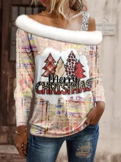 Women's Shirt Blouse Christmas Shirt Yellow Pink Blue Leopard Christmas Tree Print Long Sleeve Party Christmas Casual Festival / Holiday One Shoulder Fur Collar Regular Fit Spring &Fall -Cheap Women Clothing Store paazca1697510900583