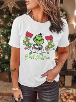 Women's T Shirt Tee Christmas Shirt Black White Pink Graphic Grinch Ugly Christmas Print Short Sleeve Christmas Weekend Basic Christmas Round Neck Regular Fit Painting