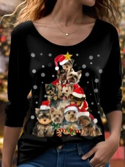 Women's T Shirt Tee Christmas Shirt Black Dog Print Long Sleeve Christmas Weekend Festival / Holiday Round Neck Regular Fit Painting Spring &Fall