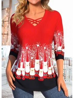 Women's T Shirt Tee Christmas Shirt Pink Red Blue Santa Claus Print Long Sleeve Christmas Weekend Festival / Holiday Christmas V Neck Regular Fit Painting Spring &Fall