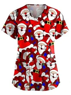 Christmas Scrub Tops Women Christmas Printing Short Sleeve V-Neck Working Uniform With Pocket Pullover Red 3X-Large