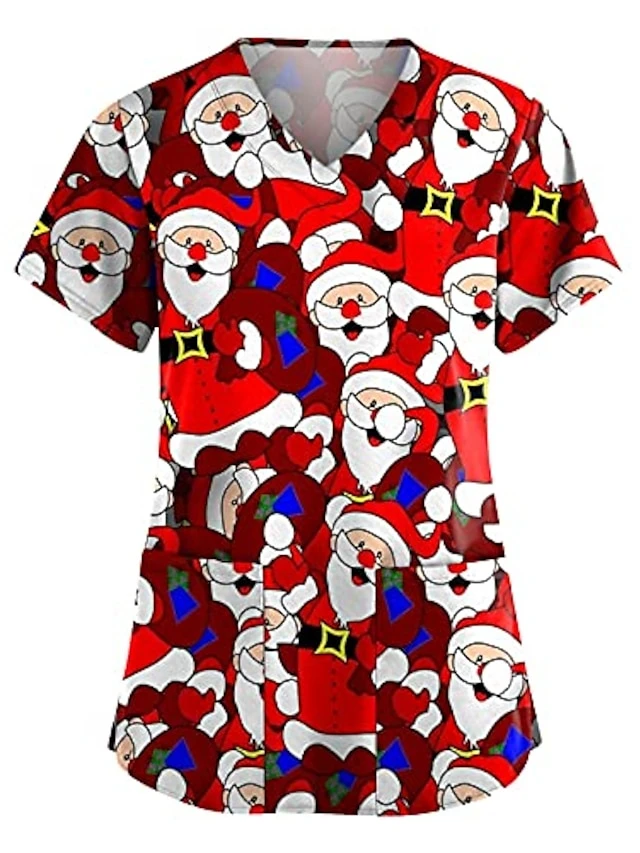 Christmas Scrub Tops Women Christmas Printing Short Sleeve V-Neck Working Uniform With Pocket Pullover Red 3X-Large 3 Christmas Scrub Tops Women Christmas Printing Short Sleeve V-Neck Working Uniform With Pocket Pullover Red 3X-Large