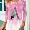 Women's T Shirt Tee Christmas Shirt Yellow Pink Purple Christmas Tree Snowflake Reindeer Print Long Sleeve Christmas Weekend Festival / Holiday Christmas Round Neck Regular Fit Painting Spring &Fall