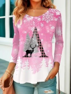 Women's T Shirt Tee Christmas Shirt Yellow Pink Purple Christmas Tree Snowflake Reindeer Print Long Sleeve Christmas Weekend Festival / Holiday Christmas Round Neck Regular Fit Painting Spring &Fall