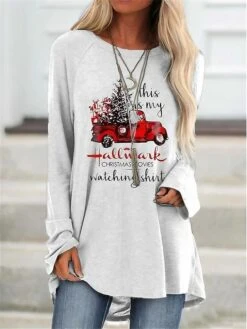 Women's T Shirt Tee Christmas Shirt White Gray Letter Christmas Tree Long Sleeve Christmas Gift Basic Christmas Round Neck Regular Fit