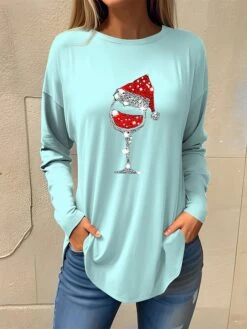 Women's T Shirt Tee Christmas Shirt Black Pink Red Wine Glass Rhinestone Print Long Sleeve Party Christmas Weekend Festival / Holiday Christmas Round Neck Regular Fit Painting Spring &Fall -Cheap Women Clothing Store pffypu1694685129554