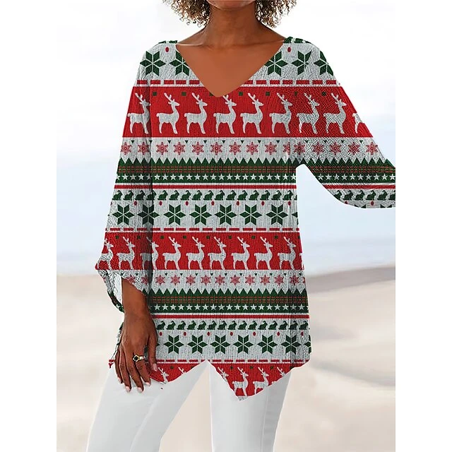 Women's Shirt Christmas Shirt Black Red Green Snowflake Deer Print Long Sleeve Christmas Weekend Streetwear Casual Print V Neck Regular Fit 4 Women's Shirt Christmas Shirt Black Red Green Snowflake Deer Print Long Sleeve Christmas Weekend Streetwear Casual Print V Neck Regular Fit - Image 2