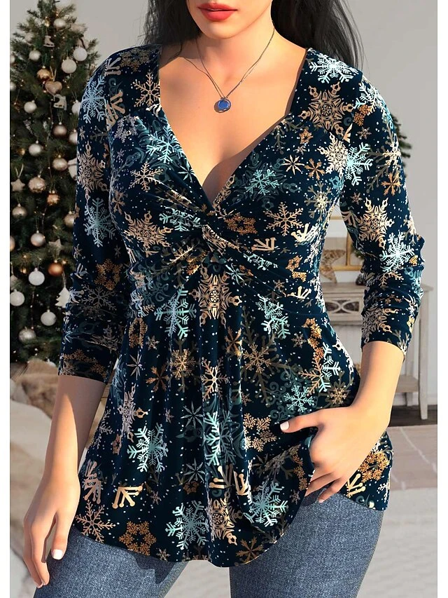 Women's Blouse Christmas Shirt Blue Snowflake Flowing Tunic Print Long Sleeve Casual Fashion V Neck Regular Fit Spring &Fall 5 Women's Blouse Christmas Shirt Blue Snowflake Flowing Tunic Print Long Sleeve Casual Fashion V Neck Regular Fit Spring &Fall - Image 3