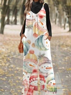 Women's Jumpsuit Pocket Print Snowflake U Neck Casual Christmas Daily Xmas Straight Regular Fit Spaghetti Strap Black White Pink S M L All Seasons -Cheap Women Clothing Store pkmilq1695281561318
