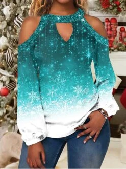 Women's Shirt Christmas Shirt Grass Green Black Pink Snowflake Cut Out Print Long Sleeve Christmas Weekend Streetwear Casual Print Round Neck Regular Fit Cold Shoulder -Cheap Women Clothing Store plkdmf1664784859038