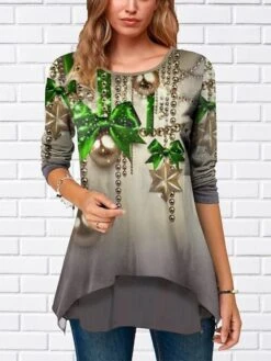 Women's Shirt Christmas Shirt Red Blue Green Graphic Print Long Sleeve Christmas Casual Streetwear Round Neck Regular Fit