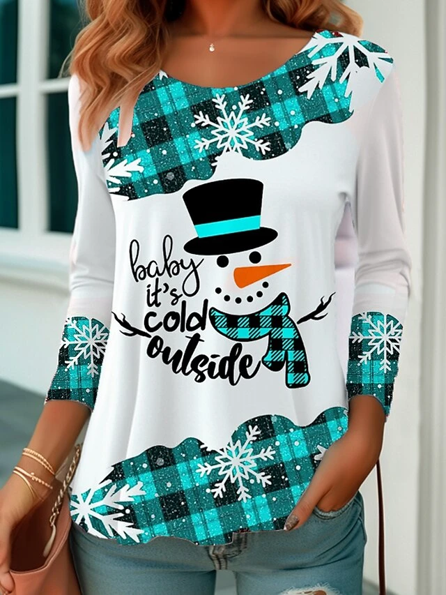 Women's T Shirt Tee Christmas Shirt Yellow Red Blue Snowman Print Long Sleeve Party Christmas Weekend Festival / Holiday Christmas Round Neck Regular Fit Painting Spring &Fall 4 Women's T Shirt Tee Christmas Shirt Yellow Red Blue Snowman Print Long Sleeve Party Christmas Weekend Festival / Holiday Christmas Round Neck Regular Fit Painting Spring &Fall - Image 2