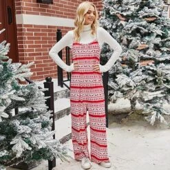 Cross-border Supply 2020 New European And American Women's Autumn And Winter Christmas Bib Loose Christmas Snowflake Jumpsuit Women