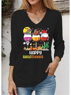 Women's T Shirt Tee Christmas Shirt Black White Red Wine Glass Print Long Sleeve Christmas Weekend Festival / Holiday Christmas V Neck Regular Fit Painting Spring &Fall