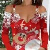 Women's Shirt Blouse Red Santa Claus Snowflake Deer Cut Out Print Long Sleeve Christmas Weekend Streetwear Casual V Neck Regular Fit Cold Shoulder Spring Fall -Cheap Women Clothing Store pobcby1670476153604